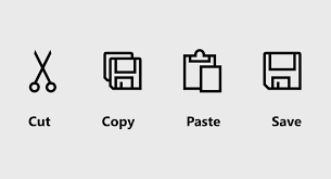 Pictures of cut, copy, paste, and save icons in Microsoft word. 