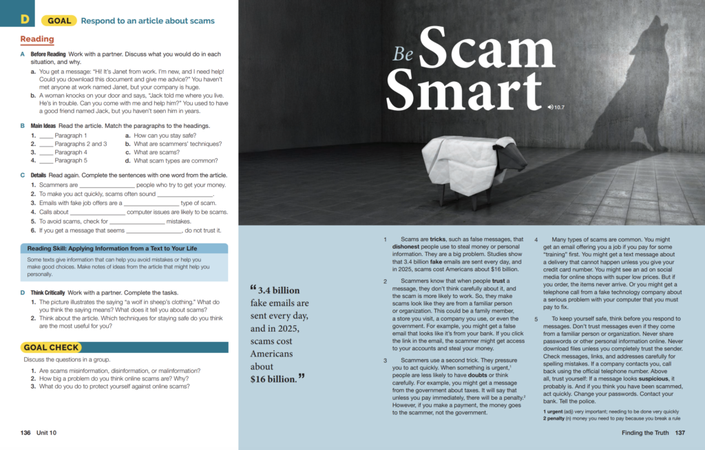 A reading text from World English, Fourth Edition titled Be Scam Smart. 